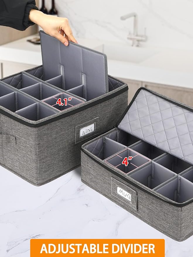 punemi 6-Piece China Storage Containers, Mug & Cup Organizer, Wine Glass Storage Boxes with Dividers & Carry Handles, Structured Moving Boxes for Dinnerware, Glassware, and Stemware,Grey