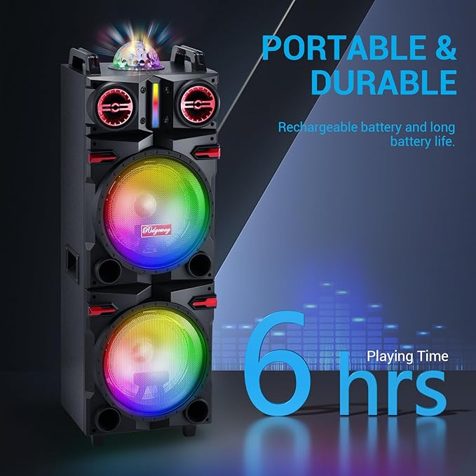 Portable Party Wireless Bluetooth Speaker with Dual 10" Subwoofer, 80W Rechargeable PA System with Bass/Treble, Wired Microphone, Flashing Light, TWS, FM, REC, Telescopic Pull Rod, Wheels
