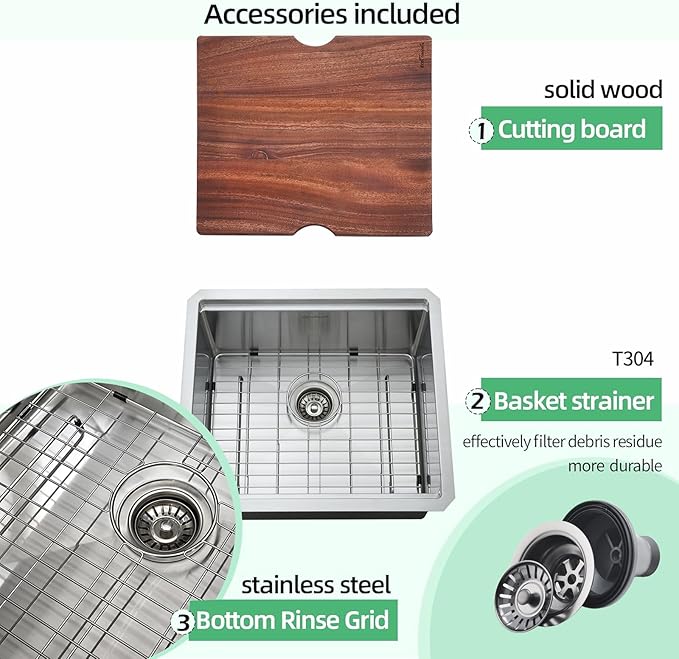 Undermount Kitchen Sink, 21 x 19 Inch Sink Kitchen 16 Gauge Stainless Steel Kitchen Sinks Single Bowl Workstation Sink with Cutting Board