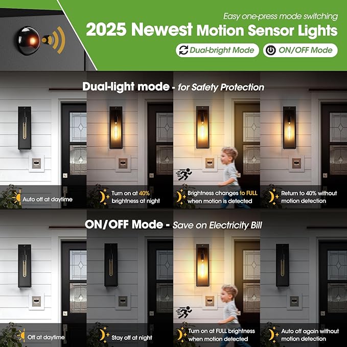 Large Motion Sensor Exterior Wall Lights Sconces 2Pack, 15.3" Waterproof Dusk to Dawn Black Exterior Lighting Fixtures Wall Mount, Modern Front Porch Sconce Coach Lights Outdoor for Garage House