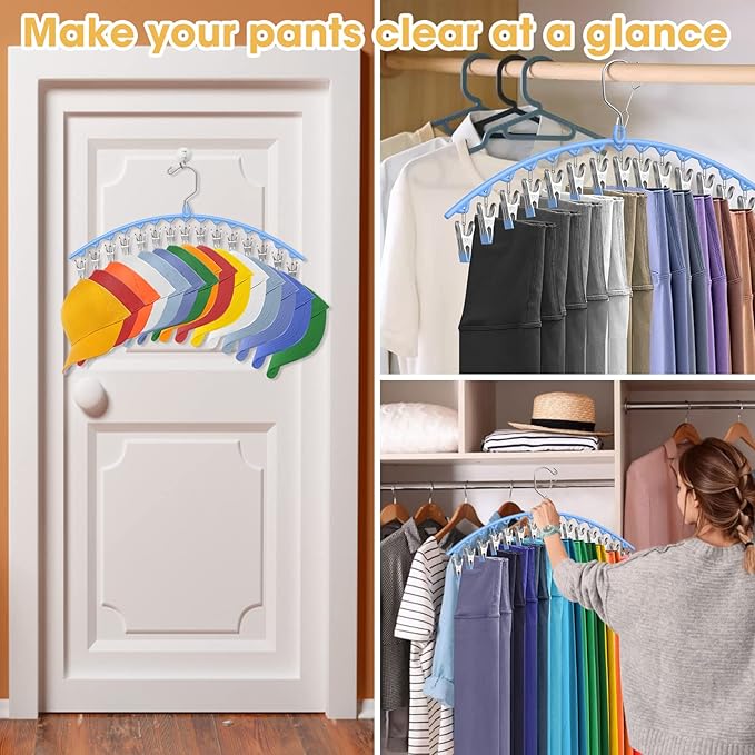 Upgrade Skirt Pants Hangers with Clips, Metal Pants Legging Organizer for Closet Holds 30 Leggings/Shorts/Jeans/Skirts Pant Hangers Space Saving Hanging Closet Organizers Shorts Hanger, Blue 2Pack