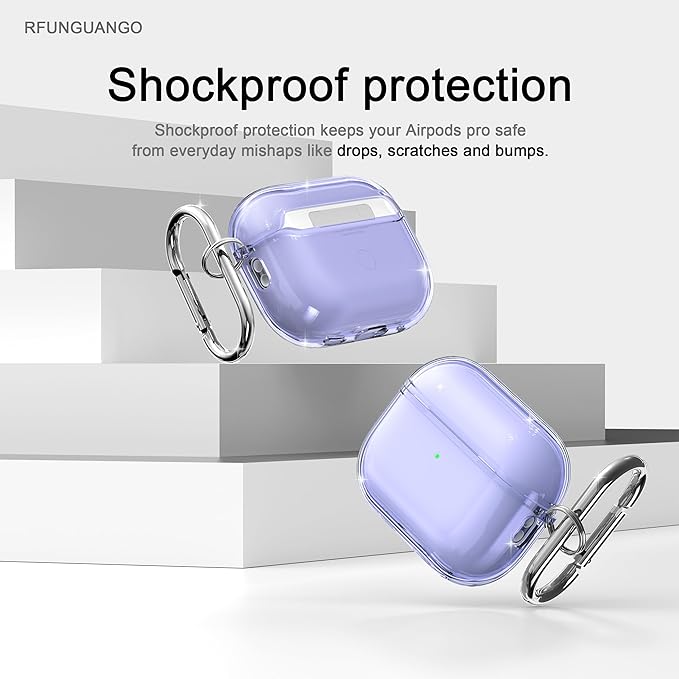 RFUNGUANGO AirPods Pro Case Clear, Soft TPU Transparent with Cleaning Kit & Keychain, Compatible with Magsafe, Compatible Apple AirPods Pro 2nd/1st Generation Protective Case, Purple