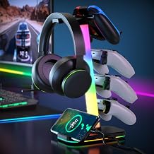 Gaming Headphones Stand with Charging Station, RGB Headset Stand with 10 Light Modes, 4 Controller Holder with 1 USB & 2 Type-C Charging Ports - Earphone Hook for PC Desktop Gamer Accessories Storage - Image 1