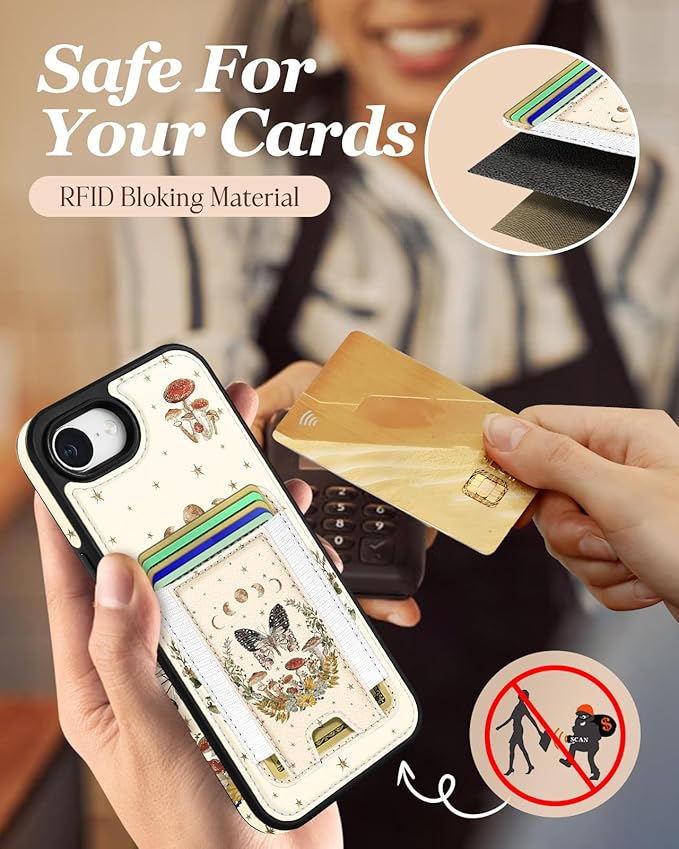 Shorogyt for iPhone 17e/16e Wallet Case - Fits 5 Cards, Compatible with Magsafe Detachable Magnetic Credit Card Holder Leather Cardholder Cute Phone Cover Women Girls for Apple 17e/16e, Moon Butterfly