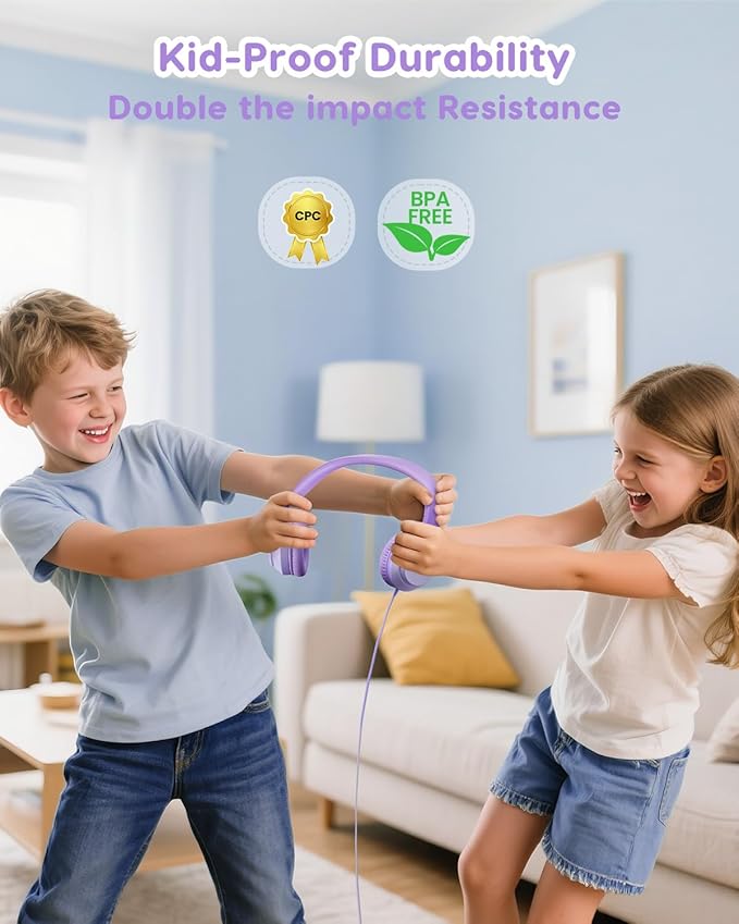 Kids Headphones, 74/85/94dB Volume Limiter, Foldable Wired Over Ear Headphones for Travel, 3.5mm Jack, Toddler Headphones for School, Chromebook, iPad, Tablet, Purple