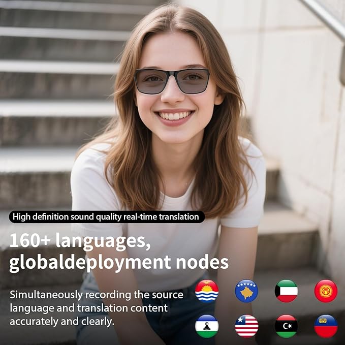 AI Smart Glasses, Support 160+ Languages, Real-Time Translation via APP, Wearable Tech Bluetooth Glasses with Speakers, Color-Change Lenses, AI Translation Glasses for Travel Meeting Trade