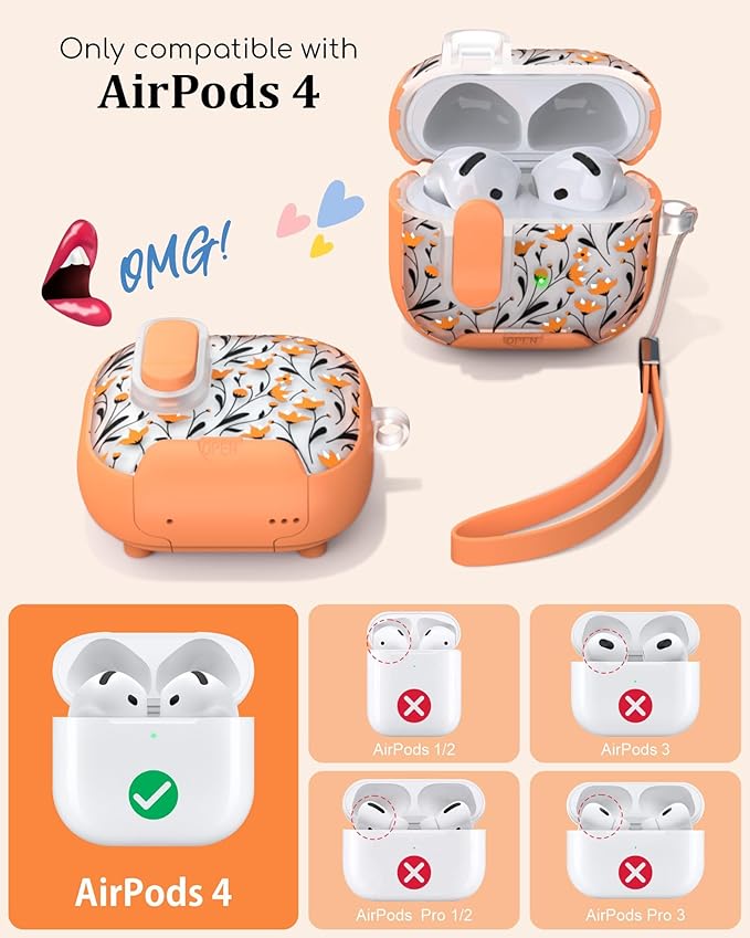 TATOFY for AirPods 4th Generation Case with Phone Stand Lanyard Lock Cleaning Kit, Compatible with Magsafe, Flowers Hard AirPod 4 Cover for Women (Orange, AirPods 4th)