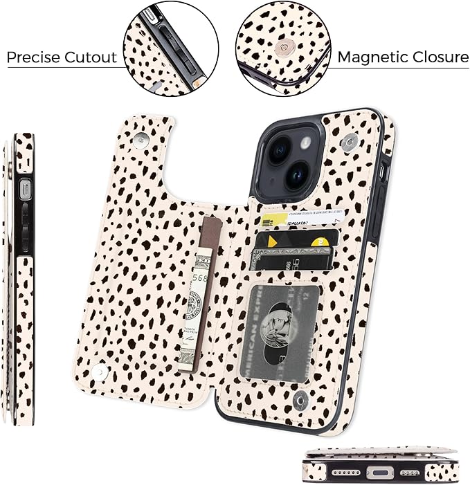 uCOLOR Compatible with iPhone 14/15 Plus 6.7" Wallet Case with Card Holder Slots Folio Flip PU Leather Kickstand Magnetic Clasp and RFID Blocking Cover (Almond Latte Polka Dot)