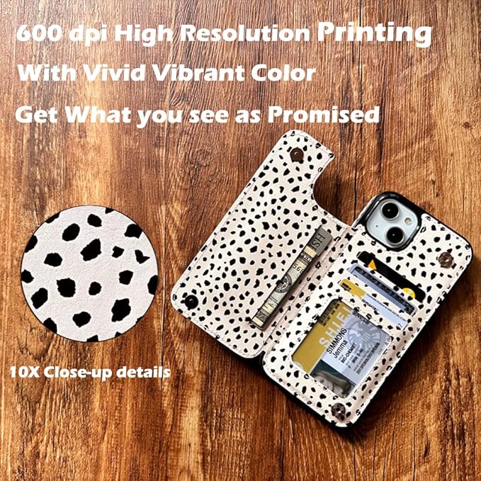uCOLOR Compatible with iPhone 14/15 Plus 6.7" Wallet Case with Card Holder Slots Folio Flip PU Leather Kickstand Magnetic Clasp and RFID Blocking Cover (Almond Latte Polka Dot)