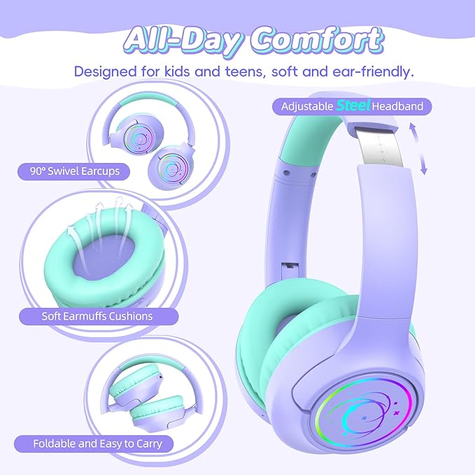 Kids Bluetooth Headphones, 85H Playtime Wireless Headphones for Kids, Colorful LED Lights, 85/94dB Safe Volume Limit, Bluetooth 5.4 Built-in Mic Toddler Headset for Tablet/Airplane (Purple)