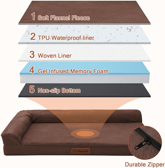 Orthopedic Dog Beds Large Sized Dog, 41x27x6 Inches Memory Foam Pet Bed for Large Dogs, Washable Removable Cover, Nonskid Bottom, Waterproof, Brown Grey