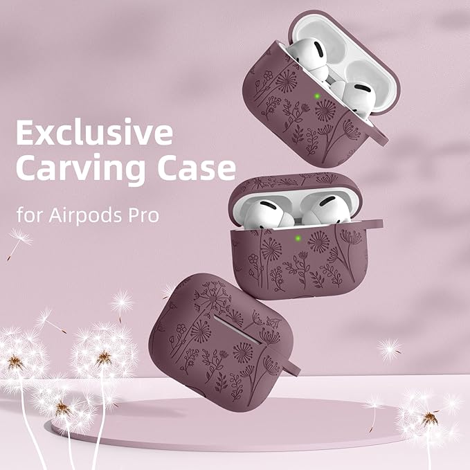 Lerobo Flower Engraved Cover Compatible with Airpods Pro 2 Case USB C, Cute Silicone Skin Cover Full Protective Case for Apple AirPod Pro, Front LED Visible, Smokey Mauve