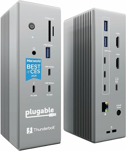 Plugable Thunderbolt 5 Dock: Dual HDMI 2.1 Up to 8K 60Hz / 4K 144Hz, 140W