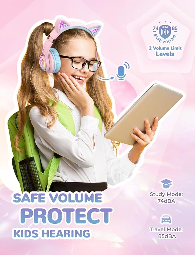 iClever Cat Ear Kids Bluetooth Headphones, LED Lights Up, 74/85dBA Safe Volume Limited, 50H Playtime,Bluetooth 5.2, USB C, Kids Headphones Wireless for Travel iPad Tablet, Meow Macaron Pink