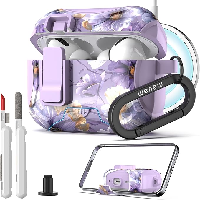 wenew case Compatible with AirPods Pro 2nd/1st Case Cover with Phone Stand, Cleaning Kit, Lanyard, Compatible with Magsafe One-Click Pop Open Lock iPod Pro Case (Purple, AirPods Pro & Pro 2)