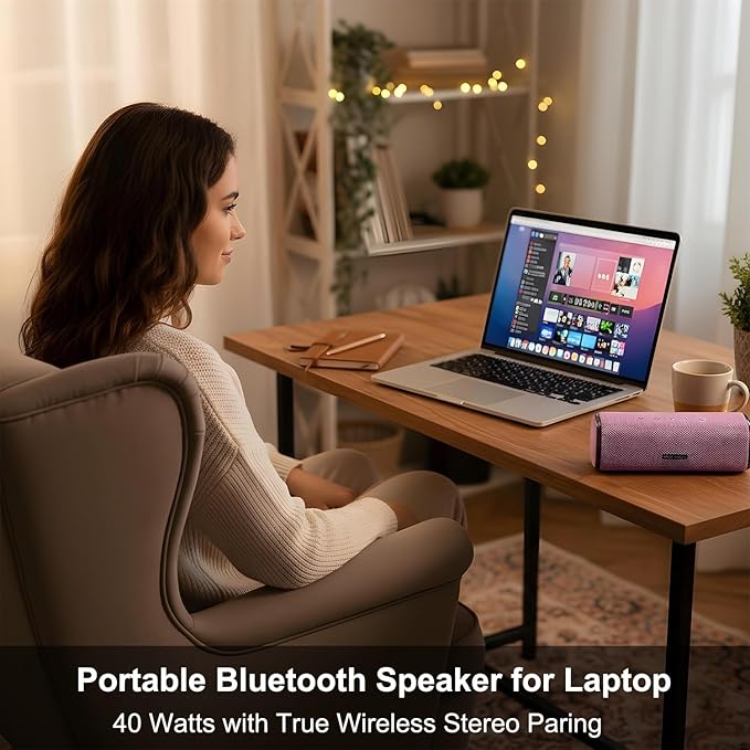 Pink Portable Speaker, 40W IPX7 Waterproof Wireless Outdoor, Bluetooth 5.3, 25H Playtime, Bass Boosted, LED Lights, TWS Pairing for Beach Parties, Pool, Shower, Valentine's Day Gifts