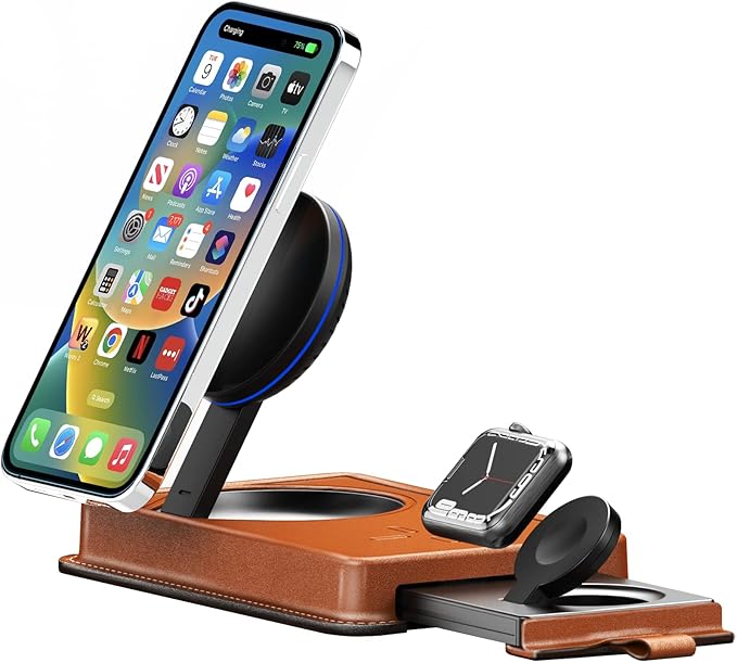 VogDUO 3 in 1 Wireless Magnetic Charging Stand - 15W Charger Dock Station with Genuine Leather 6ft Extension Cables Switchable Nightlight for iPhone, AirPods, Apple Watch (Tan)