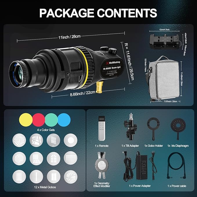 WELLMAKING Optical Snoot Conical HL-800D Kit, Adjustable Focus,with 80W Bi-Color COB LED Continuou Output Lighting Video Artist Modelling Shape Light Studio use with Optical Various Gobos Photography