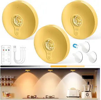 Yiliaw Rechargeable Puck Lights with Remote, 3 Pack Magnetic Under Cabinet Lighting, 1500mAh Battery Operated LED Tap Lights with Dimmer & Timmer for Kitchen, Closet, Shelf - 3 Color Temps, Gold