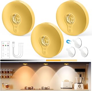Yiliaw Rechargeable Puck Lights with Remote, 3 Pack Magnetic Under Cabinet Lighting, 1500mAh Battery Operated LED Tap Lights with Dimmer & Timmer for Kitchen, Closet, Shelf - 3 Color Temps, Gold - Image 1