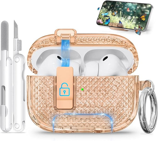 for AirPods Pro 3 Case 2025 with Phone Stand & Secure Lock, Auto-Open Clear Case Cover Compatible with Apple AirPods Pro 3rd Generation with Cleaning Kit & Keychain