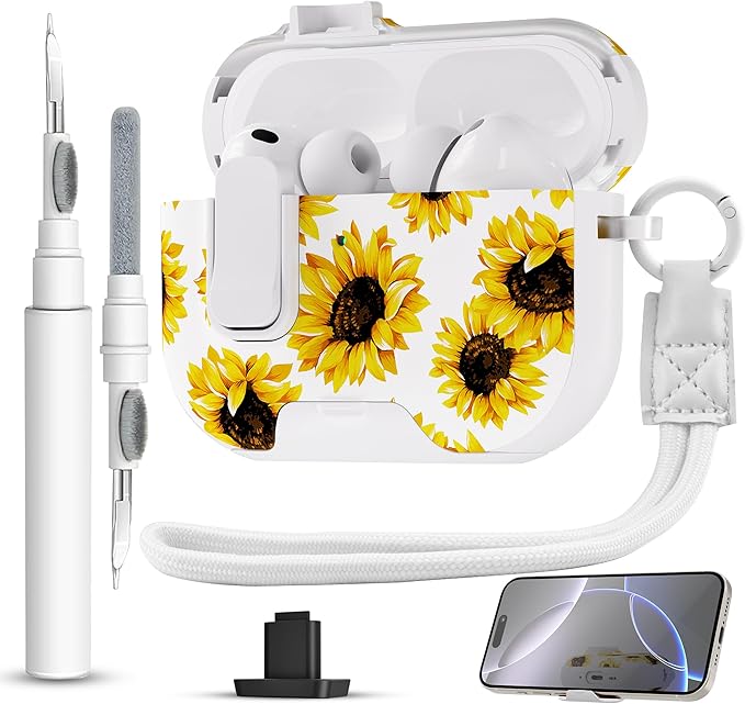 for AirPods Pro 3 Case(2025) with Secure Lock Clip and Phone Stand,Floral Girly Style Protective Cover with Cleaning Kit and Hand Strap for Apple AirPod Pro 3 Generation (White Sunflower)
