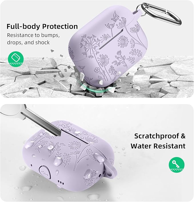 Lerobo Compatible with Apple Airpod Pro 2 Case, Flower Engraved Soft Silicone Skin Cover, Full Protective Cover for AirPod Pro Case USB C for Girls Cute, Front LED Visible, Lavender