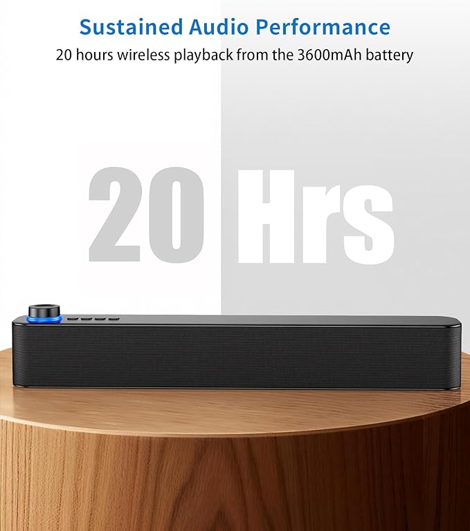 Desktop PC Speakers, Bluetooth Soundbar, 3600mAh Battery for 20Hrs Wireless Playback, Wired/Wireless Speaker for PCs, Phones, TVs, Laptops
