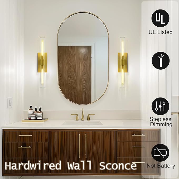 Brass Bathroom Vanity Light, 2-Light Bathroom Wall Sconce Over Mirror, 22.8" Gold Vanity Light for Bathroom, Dimmable Vanity Sconce with Glass Tube, Bathroom Linear Sconce for vertical and horizontal