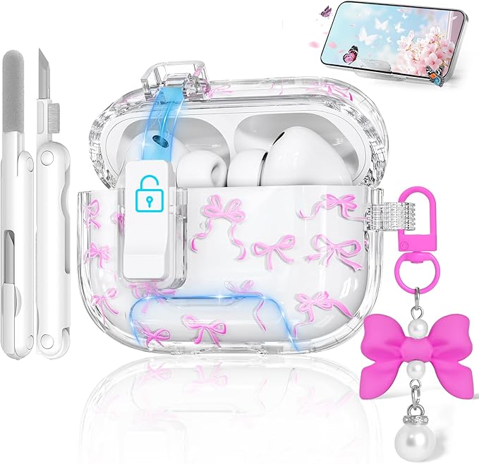 for AirPods Pro 3 Case with Secure Lock & Phone Stand, Bow-Print Clear Case for Apple AirPods Pro 3rd Generation 2025 Cover with Cleaner Keychain for Women Girly (Rose Red, Airpods Pro 3 (2025))