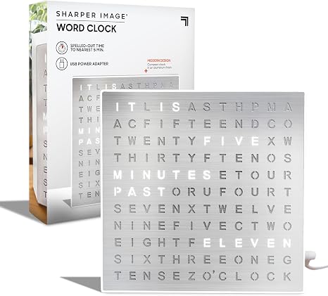 Sharper Image LED Word Digital Clock, 7.75", Silver Finish, Light-Up Desk & Wall Clock, Modern Time Display, Shelf or Wall Decor for Home Office, Living Room, Kitchen & Bedroom, Housewarming Gift