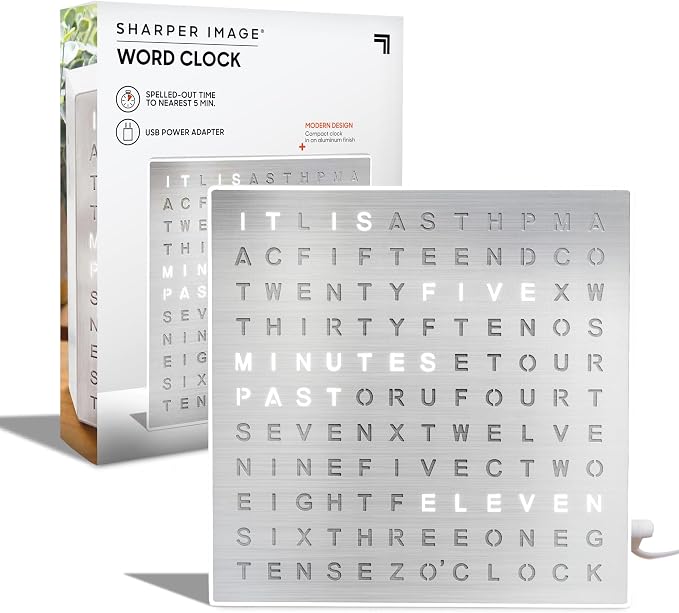 Sharper Image LED Word Digital Clock, 7.75", Silver Finish, Light-Up Desk & Wall Clock, Modern Time Display, Shelf or Wall Decor for Home Office, Living Room, Kitchen & Bedroom, Housewarming Gift