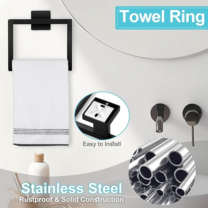 Herogo 5 Pieces Bathroom Accessories Set, 23.5 Inch Matte Black Bathroom Hardware Set, Including Toilet Paper Holder, Hand Towel Holder, Hooks & Ring, Bath Towel Racks Bars Wall Mount
