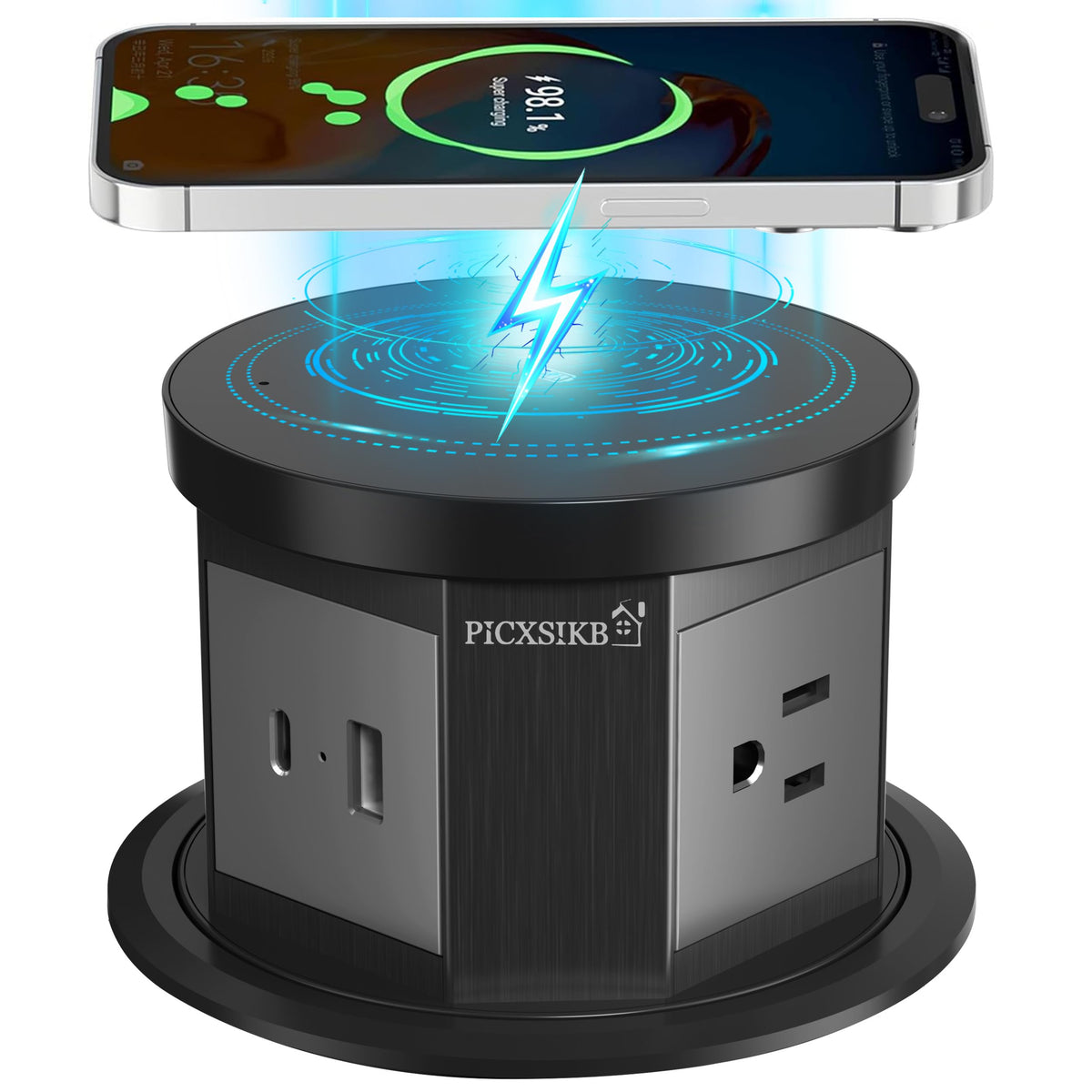 Pop Up Outlet for Countertop, 15W Wireless Charger, USB-C & 3 AC, Black