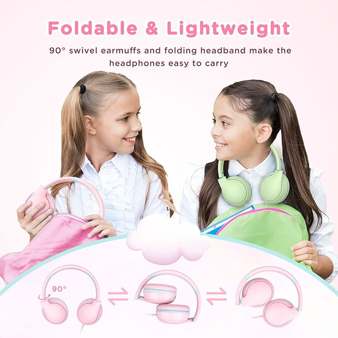 weneed Kids Headphones Wired with Microphone, Over Ear 85/94dB Volume Limited Headphones with Share Port, Stereo Sound Foldable Headset for Teens/Boys/Girls - Pink
