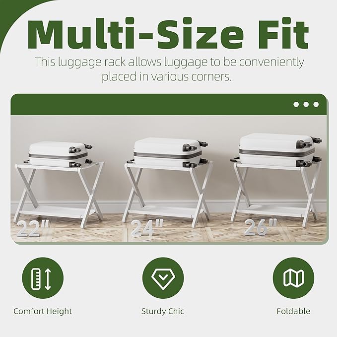 Luggage Rack, Set of 2, Folding Suitcase Stand with Storage Shelf, Premium Bamboo Luggage Holder for Guest Room, Bedroom, Hotel, Closet, Holds up to 135 lb (White)