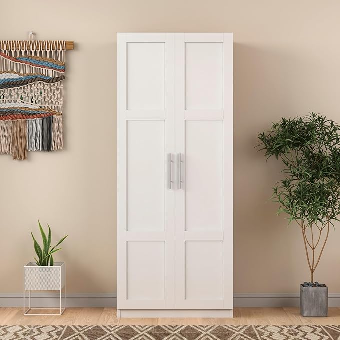 KEIKI 70.87" Tall Kitchen Pantry Storage Cabinet with 2 Door and Shelves, Freestanding Wood Hutch Food Pantries Cupboard for Coffee Bar, Dining Room, Living Room, White