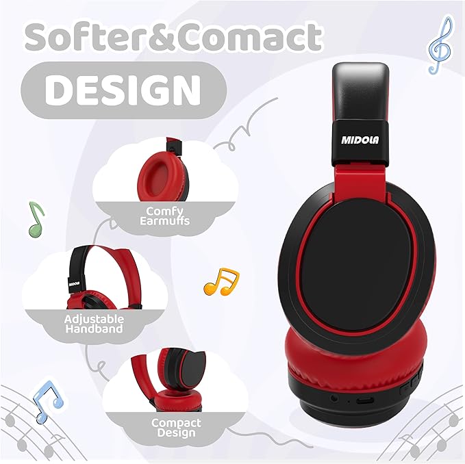 MIDOLA Kids Headphones Bluetooth 5.3 Wireless 60H Play Time Volume Limited 85/110dB Over Ear Foldable Protection Headset/Wired Aux Built-in Mic for Boy Girl Travel School Pad Tablet Black