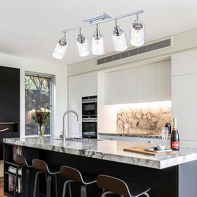 5-Light Chrome Track Light Fixture Ceiling Track Lighting Kit with Seeded Glass Track Lighting Heads Ceiling Vanity Light, Multi-Directional Rotating Spotlight Fixtures for Kitchen Accent Shop