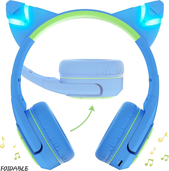 Riwbox CF9 Kids Bluetooth Headphones Cat Ear with LED Light Up,Safe 85dB Volume Limit,Built-in Mic&Boom Mic for Calls,Kids Wireless&Wired Headphones for Tablet/Airplane/School/Online Learning