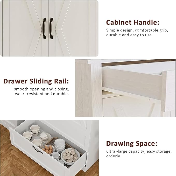 IDEALHOUSE Kitchen Pantry Storage Cabinet with Barn Doors, Drawer, and 2 Adjustable Shelves, Freestanding Tall Hutch with Microwave Stand for Kitchen, Dining Room, White