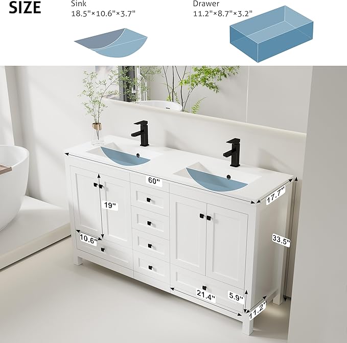eclife 60" Bathroom Vanities with Sink Combo, Modern Thickened Wood Bathroom Storage Cabinet w/Undermount Double Sink, Matte Black Faucet Drain, Painted Surface, White