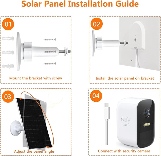 Zivif 7W Solar Panel Compatible with EufyCam, Solar Charger with USB-C & Micro USB Port for 5V Outdoor Rechargeable Battery Camera, IP65 Waterproof, 360° Adjustable Mount