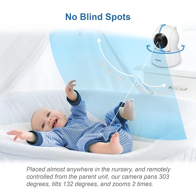 VTech VM923-2 Baby Monitor, 2.8”Screen, 1000ft Range, Pan-Tilt-Zoom, Night Vision, 2-Way Audio, Temperature Sensor, Lullabies, Secured Transmission No WiFi