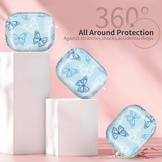 AirPod Pro 3 (2025) Case Cover for Women, Cute Shockproof TPU Protective Case with Gold Round Buckle, Anti-Drop Design Cute Blue Butterflies