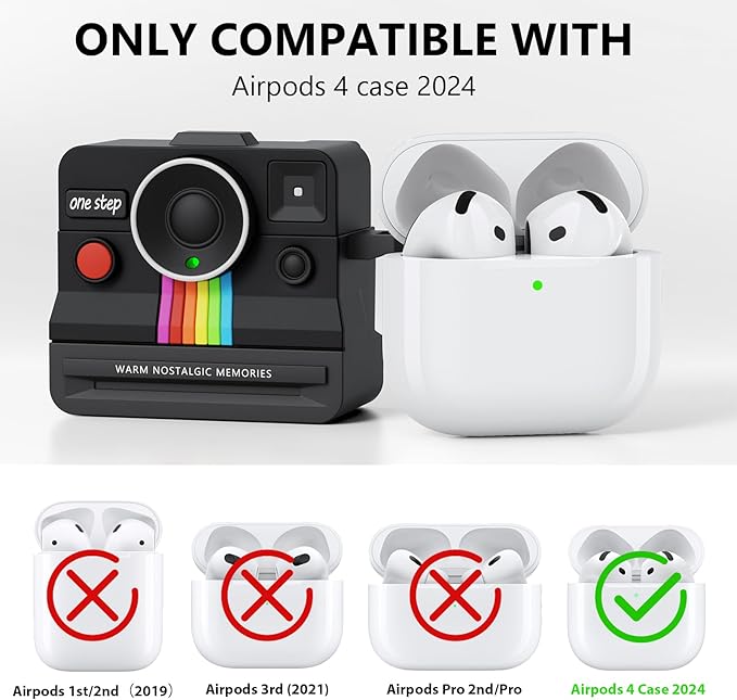 Case for AirPods 4 Case with Retro Polaroid Camera for Women - Cute Apple AirPods 4 Cover, 4th Generation AirPod Cases, Premium Silicone Protector, Ideal for Fashionable Ladies (Black, Airpods 4 Case)