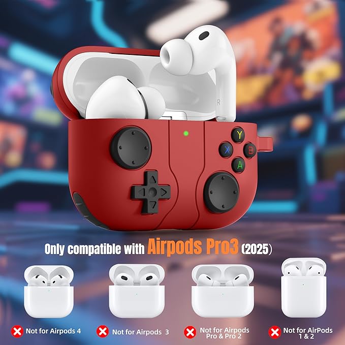 Getino Game Case for AirPods Pro 3 Case 2025, Shockproof Silicone Cover for Apple AirPods Pro 3 – with Cleaner Kit & Keychain, Classic Cool Funny Durable Protective Case for Men Boy–Red