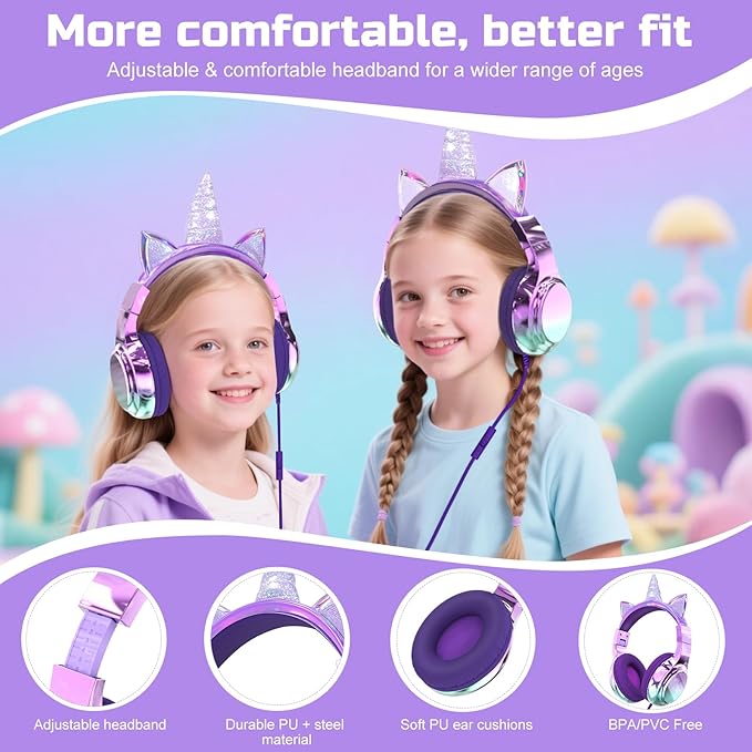 QearFun Kids Unicorn Headphones Wired with Mic, 85/94dB Safe Volume Limit, Sparkly Wired Headset, Foldable, Sharing Port & Tangle-Free Cord for School, Chromebook, Tablet, Travel, Boys & Girls