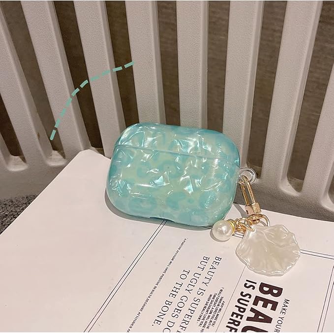Cute Case for Airpod Pro 2 with Shell Pearl Keychain Luxury Aesthetic Leopard Hard TPU Protective Cover Compatible with AirPods Pro 2019 2022 2023 for Girls Women (Turquoise Blue)