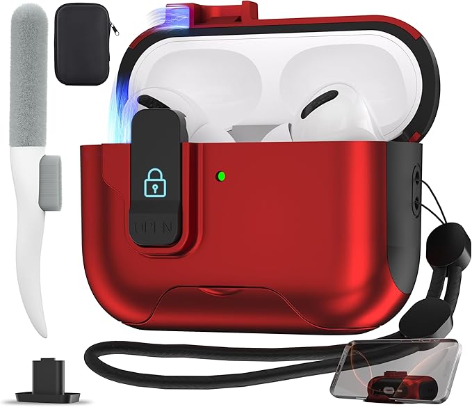 Maxjoy for AirPods Pro 3 Protective Case with Cleaning Kit, Military Hard Case with Lock Shock-Absorbing, Red